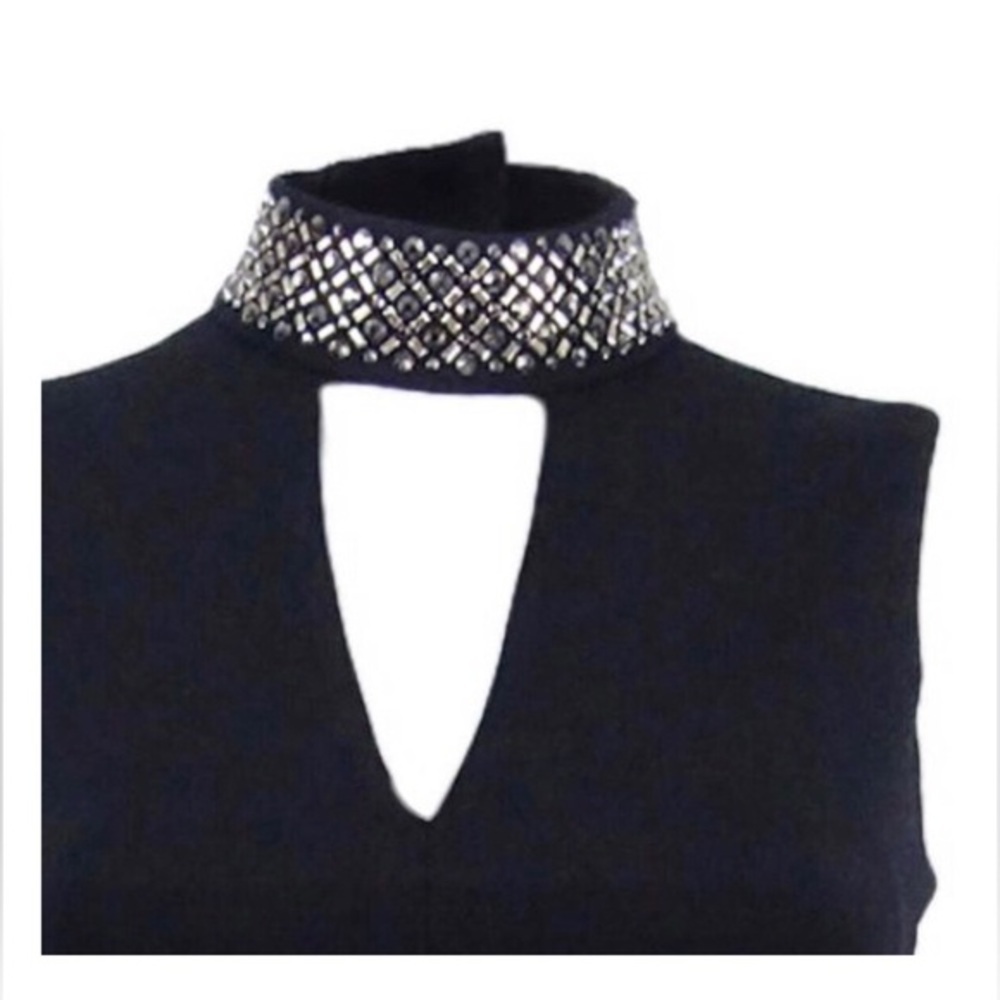 Calvin Klein Black Gold Metallic Embellished Mock Neck Fit & Flare Dress size 12 - Picture 3 of 8